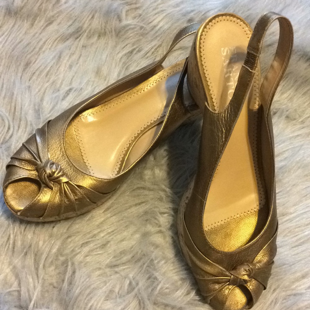 Franco Sarto metallic gold peep toe cork wedge